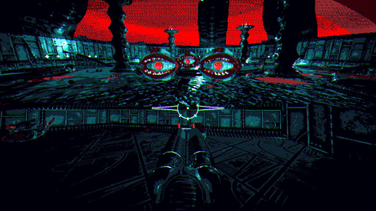 aiming at eye monsters in split front/rear view in hellscreen