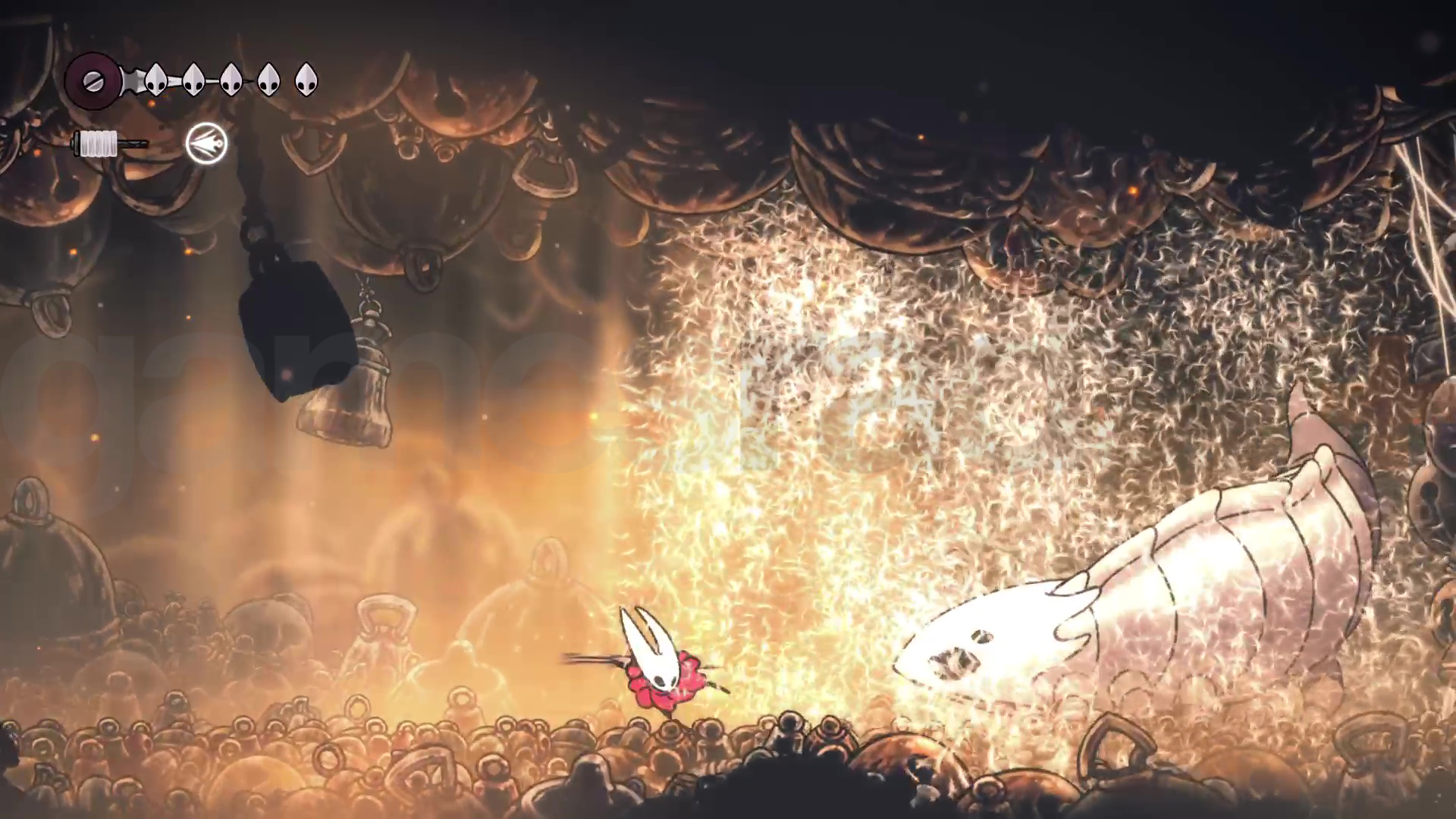 The Hollow Knight Silksong Bell Beast is freed by Hornet, using the Silkspear