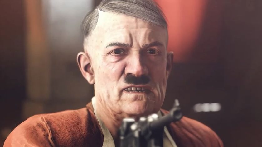 Adolf Hitler points a pistol at someone in Wolfenstein 2