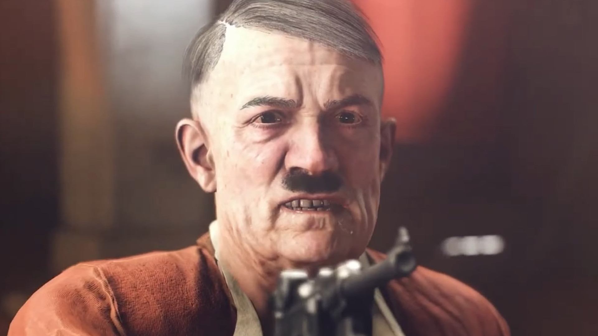 Adolf Hitler points a pistol at someone in Wolfenstein 2