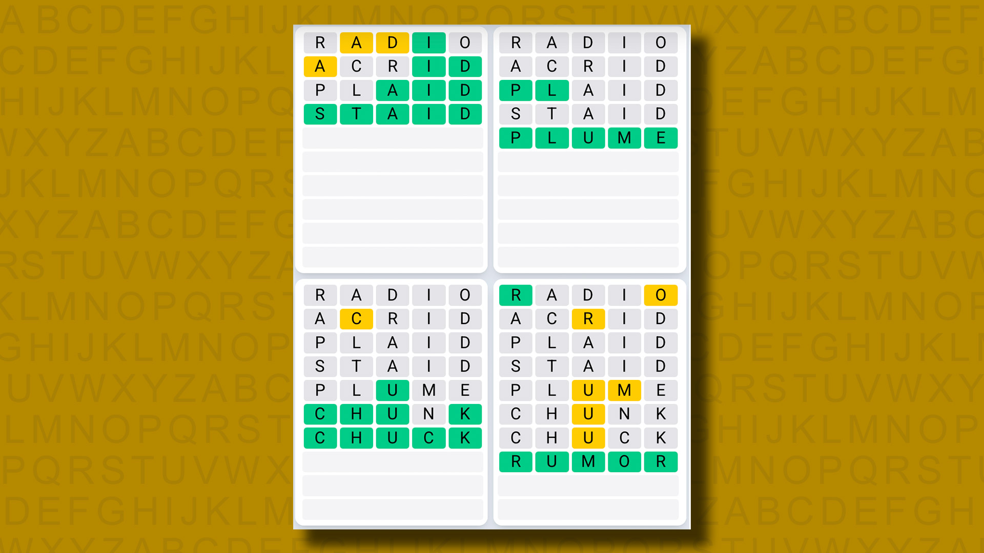 Quordle Daily Sequence answers for game 1214 on a yellow background