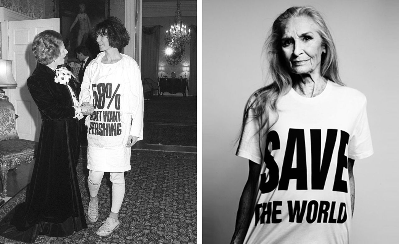 Left image, Katharine Hamnett meets Margaret Thatcher, right image &#039;Save the World&#039; T&#039;shirt