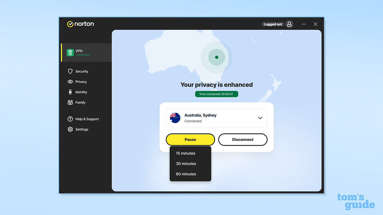 Screenshot of Norton VPN homepage showing the VPN connected to an Australian server