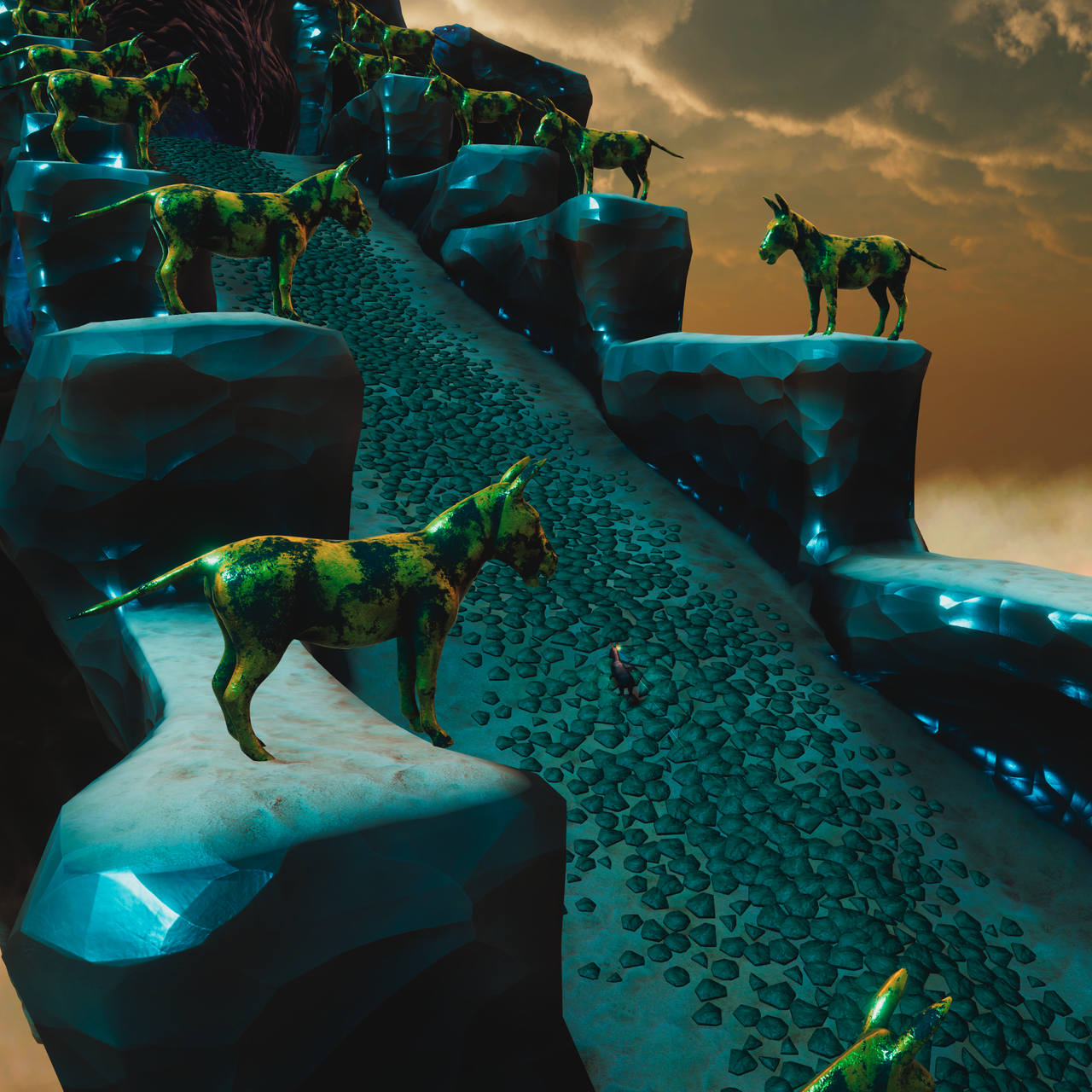 Assess.masses game art; screens of a video game featuring a donkey in an dusty open world