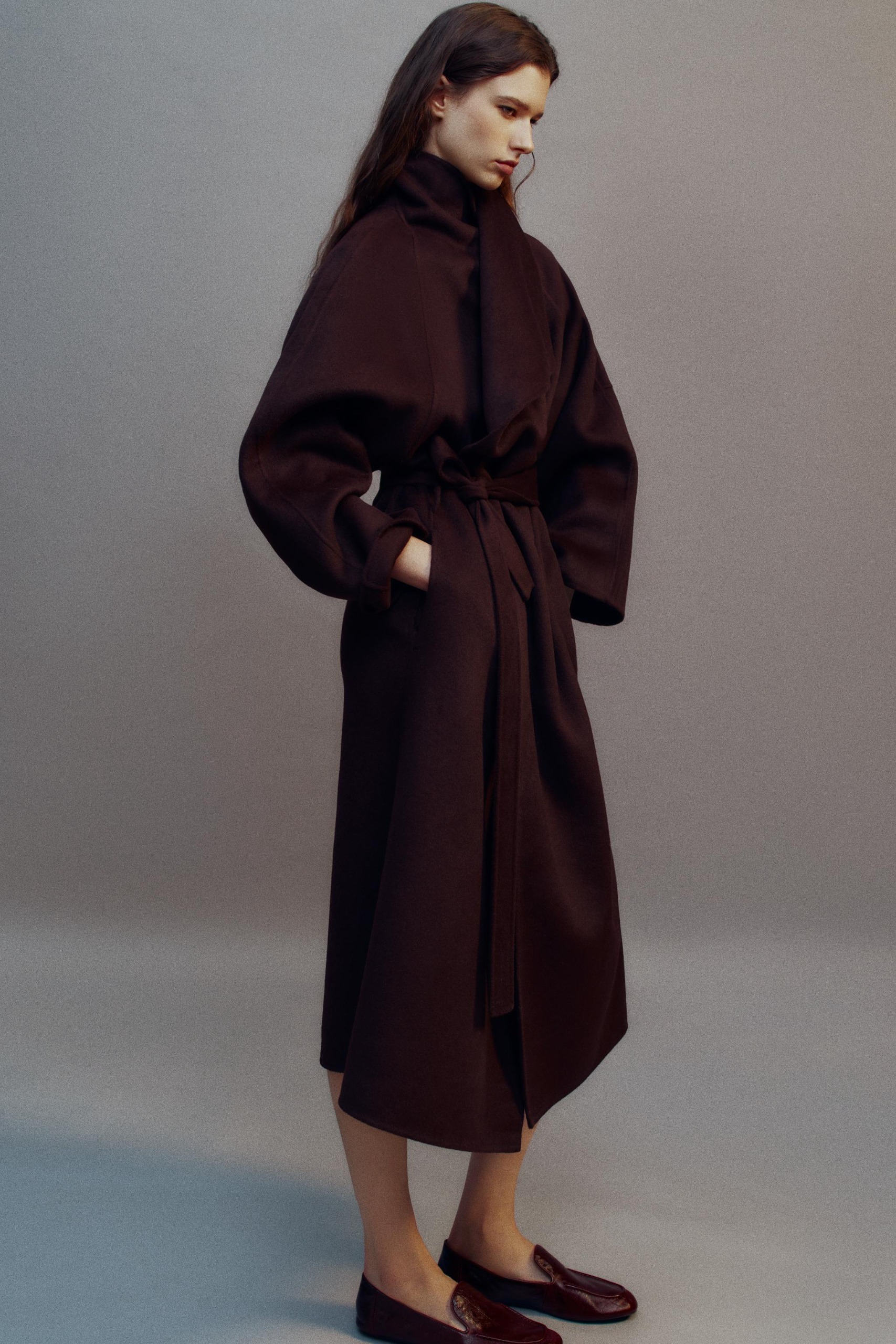 ZARA Belted Long Coat - Burgundy - Xs