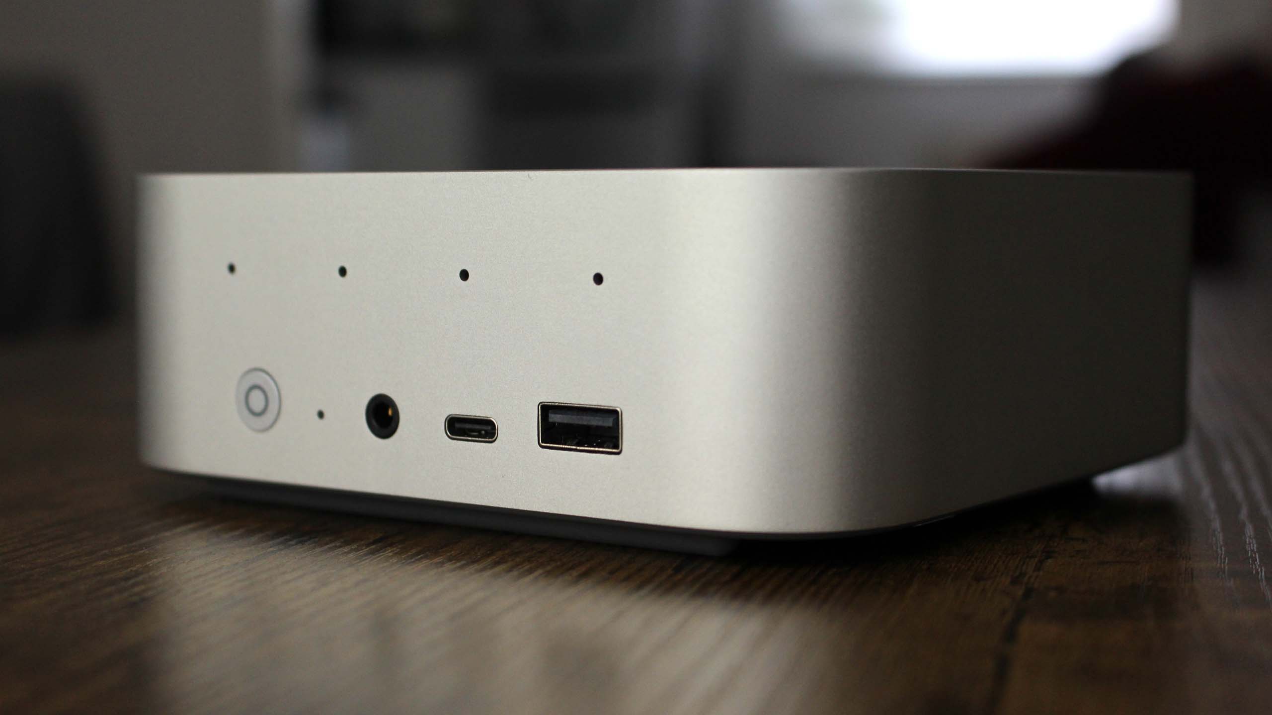 The front I/O consisting of power, audio jack, USB-C, and USB-A.