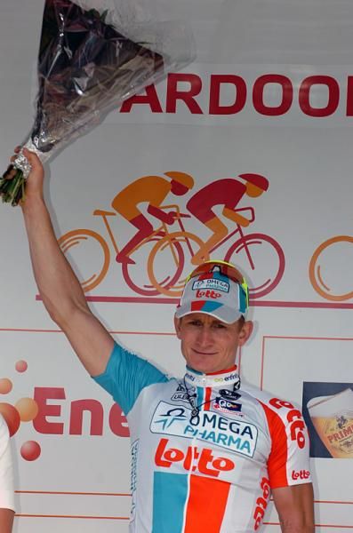 Stage 2 winner Andre Greipel (Omega Pharma-Lotto) on the podium.
