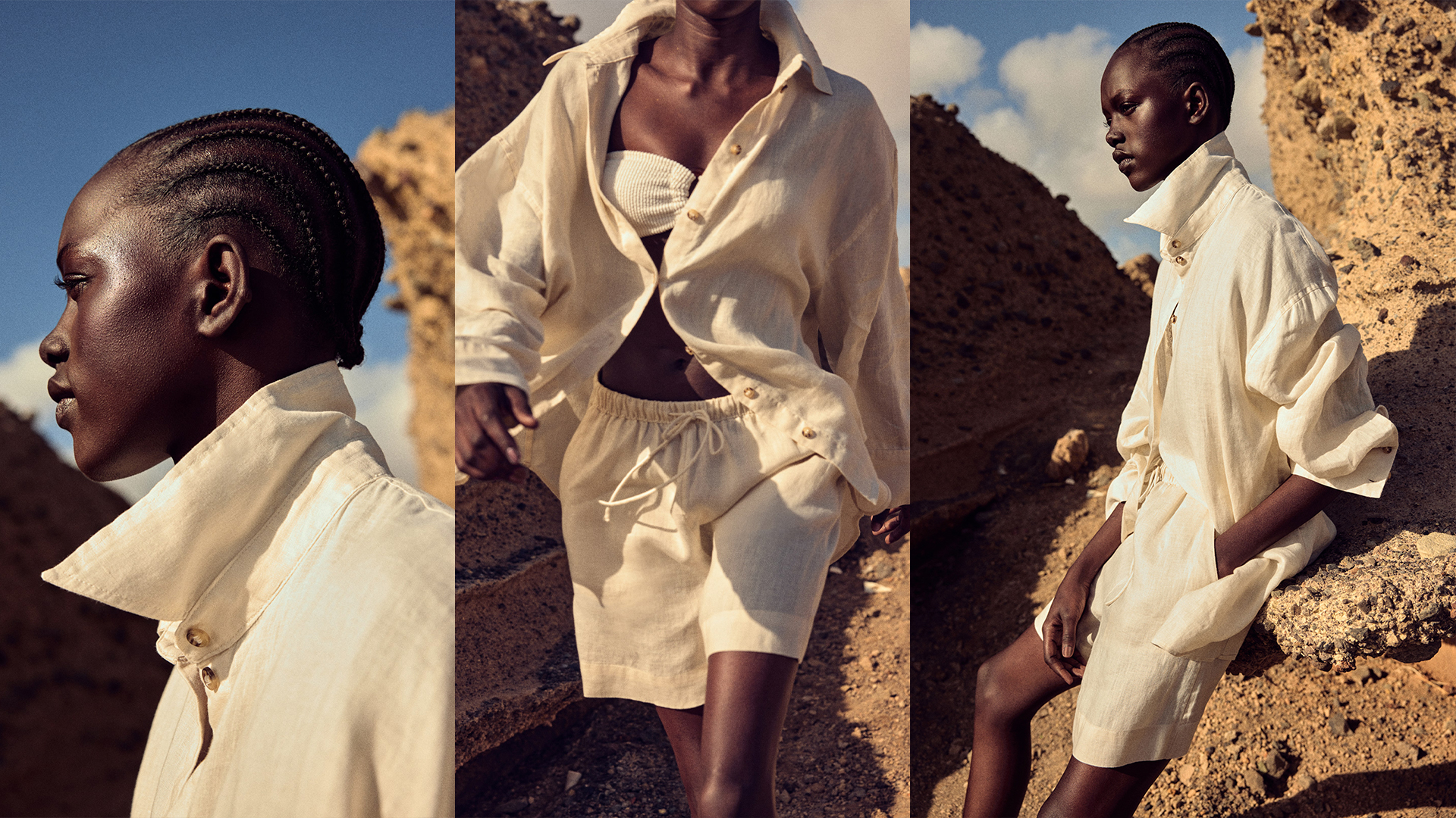 model wears white linen separates while leaning against rock 