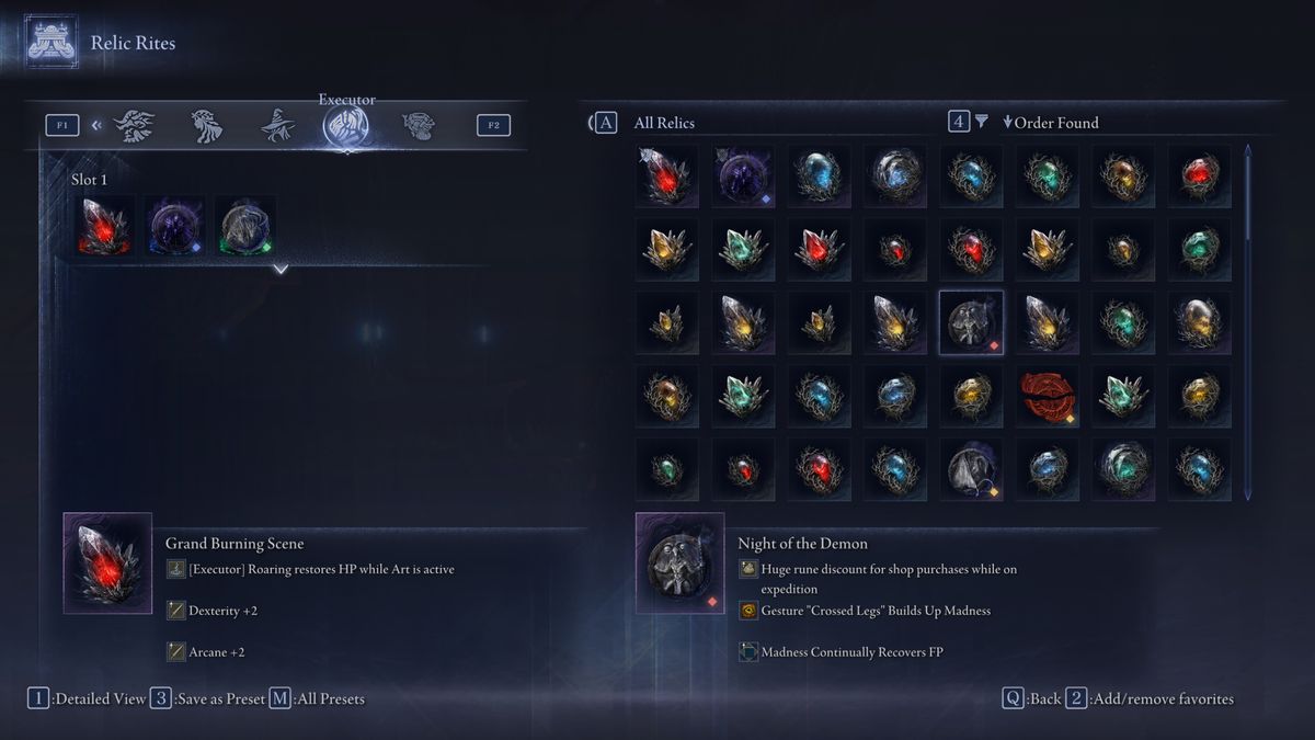 Elden Ring Nightreign how to emote: The Night of the Demon relic in the menu, which plays into madness builds.