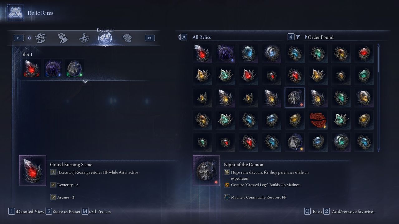 Elden Ring Nightreign how to emote: The Night of the Demon relic in the menu, which plays into madness builds.