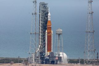 NASA's Artemis 1 moon rocket, the agency's first Space Launch System booster, and its Orion spacecraft stand atop Launch Pad 39B at the Kennedy Space Center in Florida during wet dress rehearsal operations on April 14, 2022.