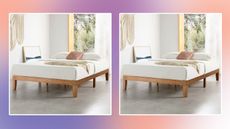 White bed on wooden bed frame