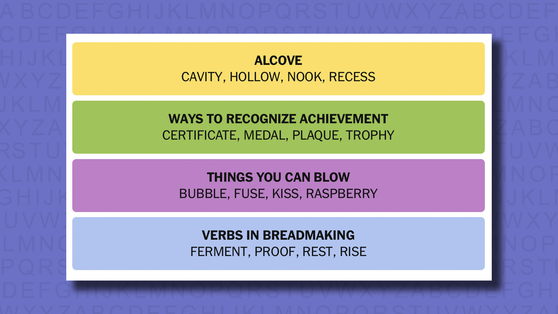 NYT Connections answers for game 720 on a purple background