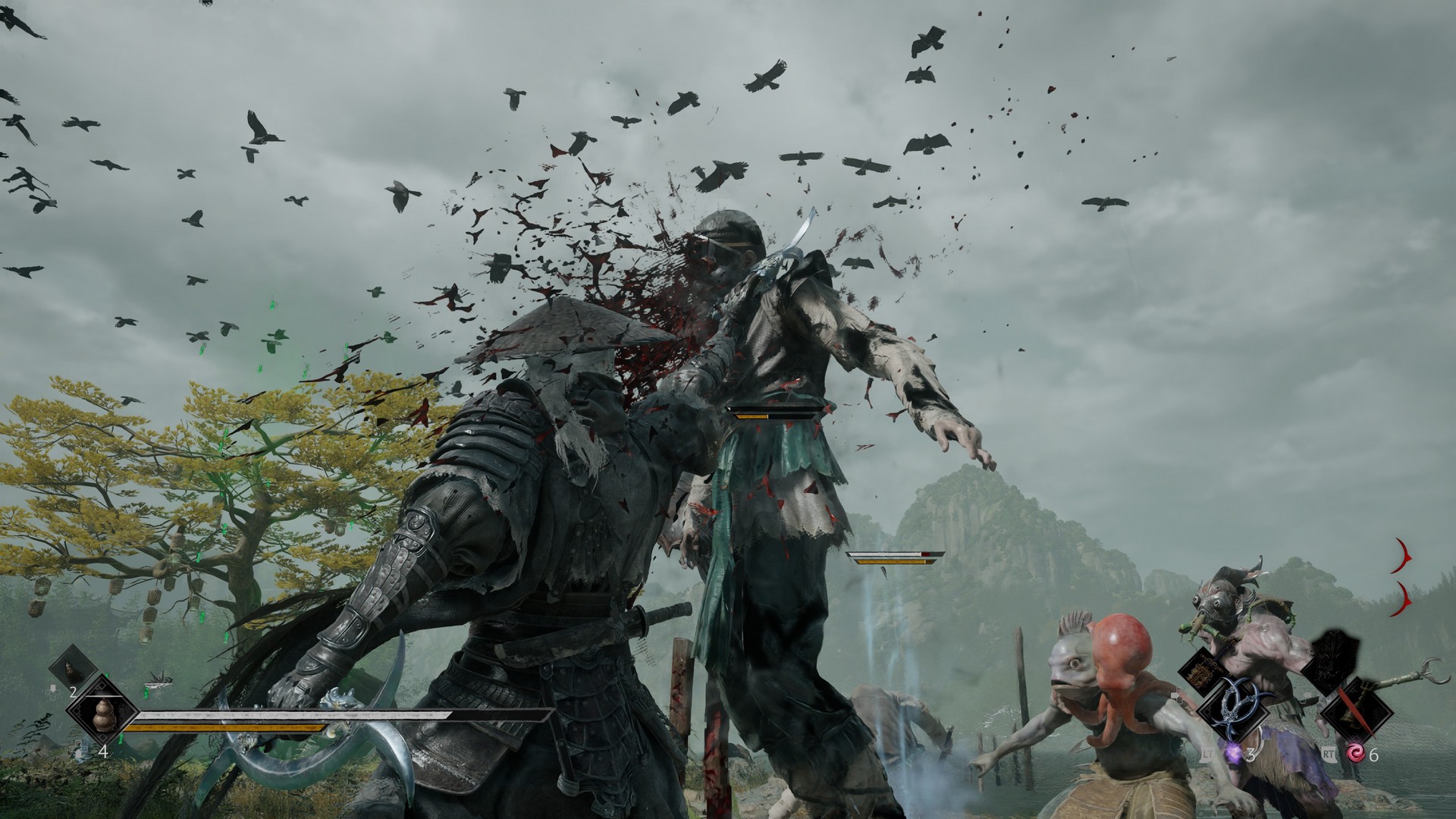 Soul stabs an enemy and hold them high up as crows swarm overhead in Phantom Blade Zero, while nearby fish-headed enemies gather