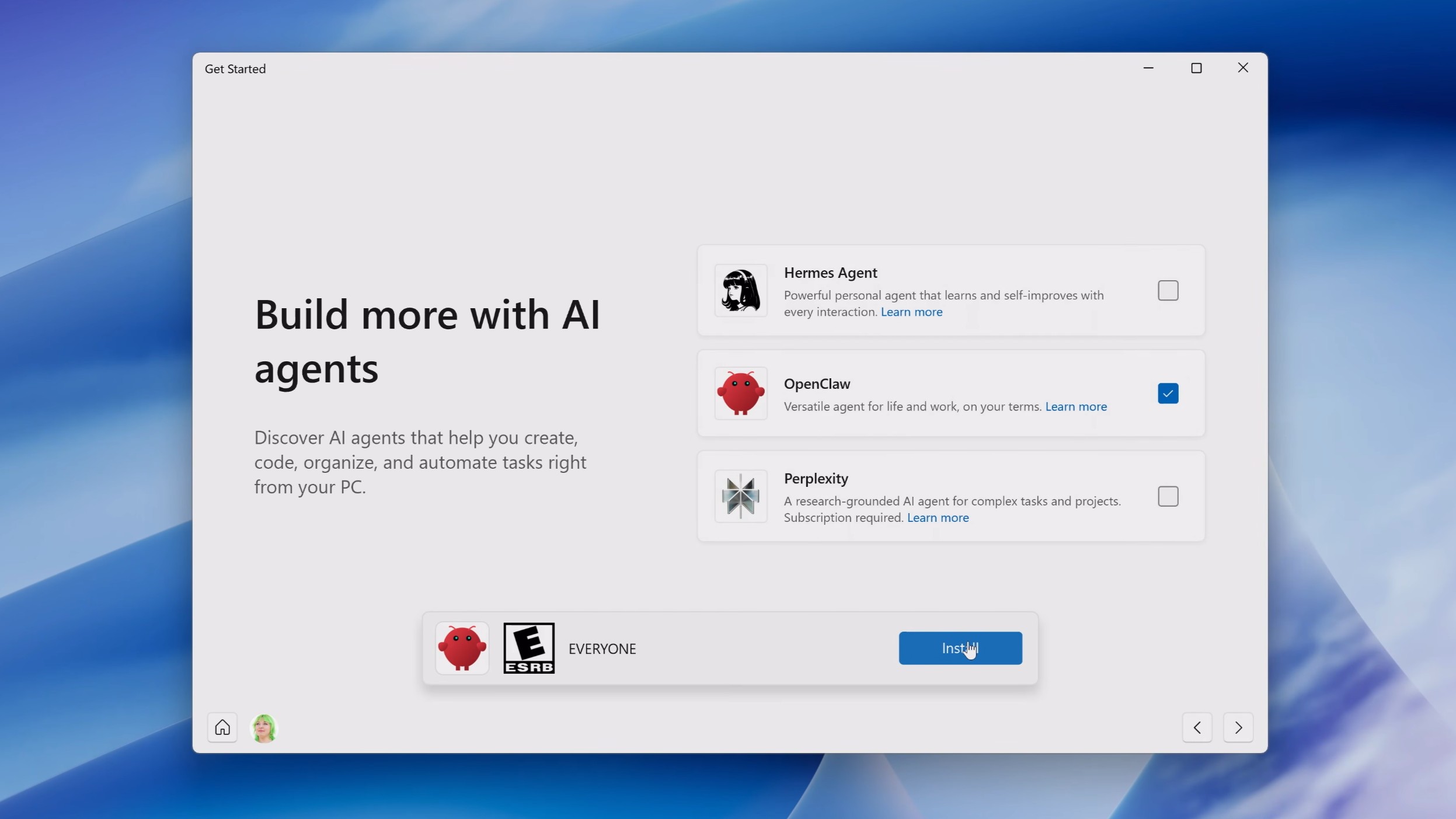 Get Started app offering AI agent apps