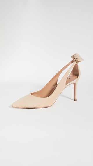 light tan pointy-toe slingback pumps