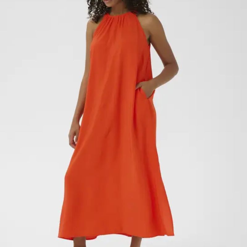 tangerine midi dress with halterneck