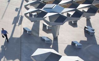 Aerial view of giant metal art sculptures