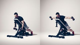 Man demonstrates two positions of the reverse flye