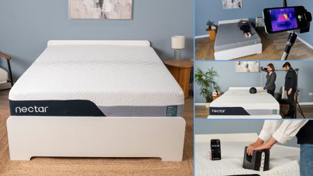 A collage of images showing our mattress testing process. Left, the Nectar Premier on a bed frame in our sleep studio. Right from top: a thermal cam trained on a person resting on a mattress. Two mattress testers conduction a motion isolation test. A weight being placed on the edge of a mattress