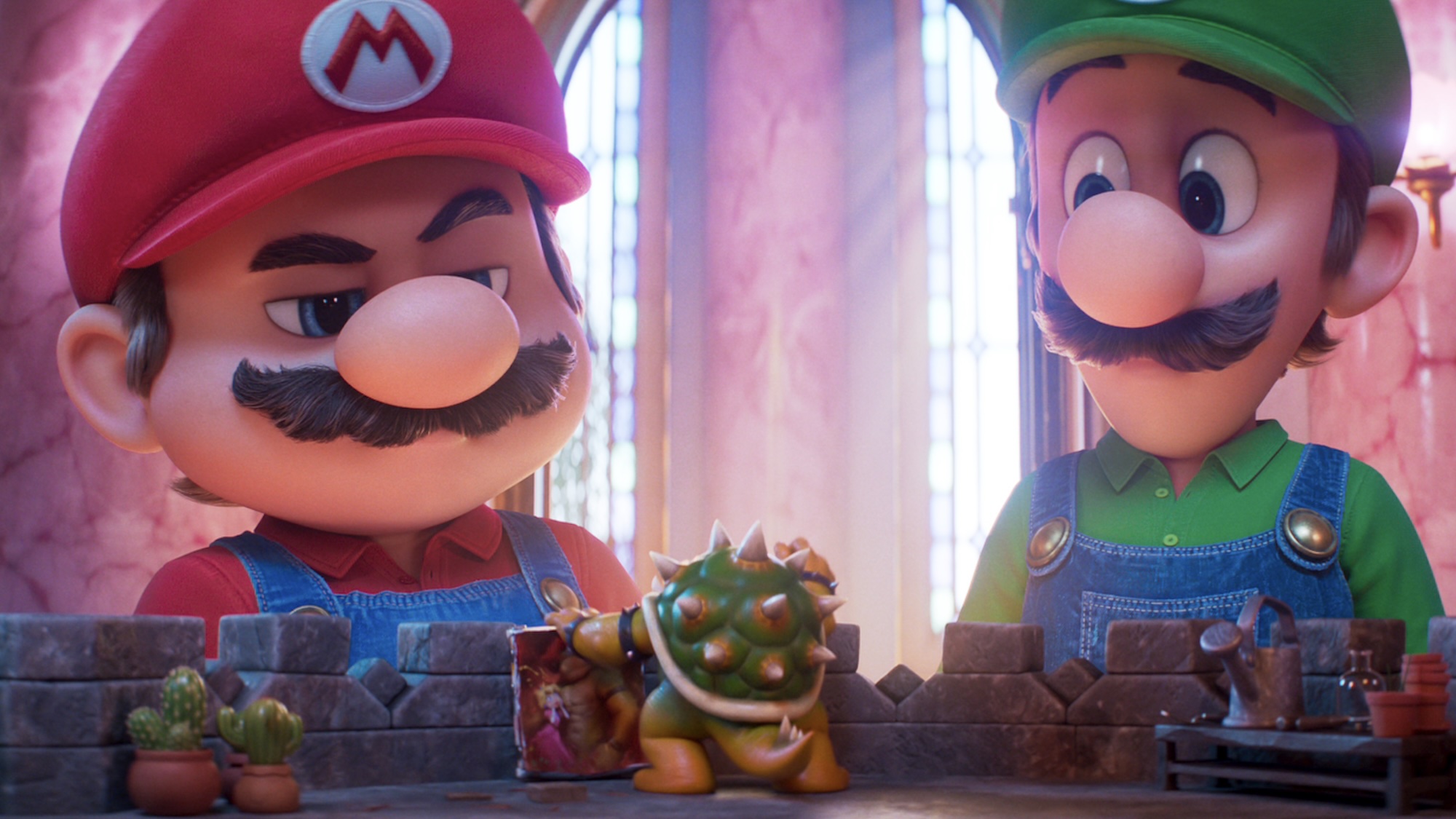 Mario and Luigi talking to Bowser Jr. in The Super Mario Galaxy movie