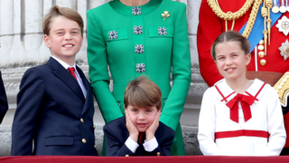 Prince William, Prince of Wales, Prince Louis of Wales, Catherine, Princess of Wales , Princess Charlotte of Wales and Prince George of Wales on the Buckingham Palace balcony during Trooping the Colour on June 17, 2023 in London, England