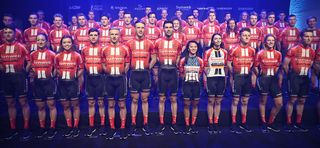 Team Sunweb's men's and women's squads on stage at the official team presentation in Berlin
