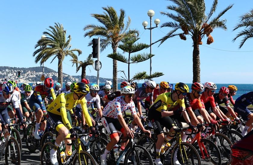 The pack of riders pictured at the start of stage eight of the 83th edition of the Paris-Nice cycling race, 119,9 km from Nice to Nice, France, Sunday 16 March 2025.
BELGA PHOTO DAVID PINTENS (Photo by DAVID PINTENS / BELGA MAG / Belga via AFP)