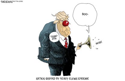 Political cartoon U.S. 2016 election Donald Trump creepy clown sightings