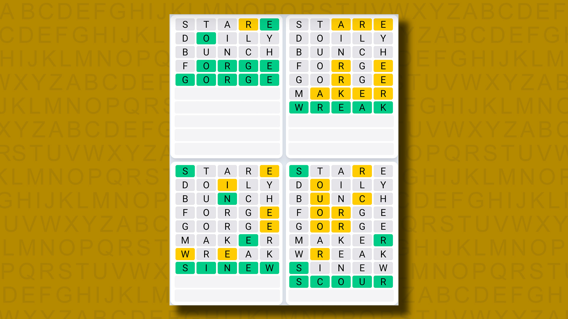 Ежедневная последовательность ответов Quordle для игры 819 на желтом фоне