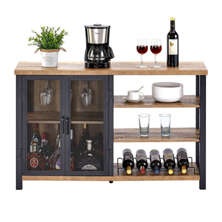 A wooden and black wine and bar cabinet with glasses, bottles, and bar accessories