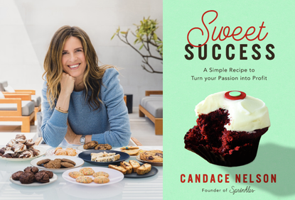 Female founder Candace Nelson posing with her dishes, collaged with a cover of her book titled Sweet Success