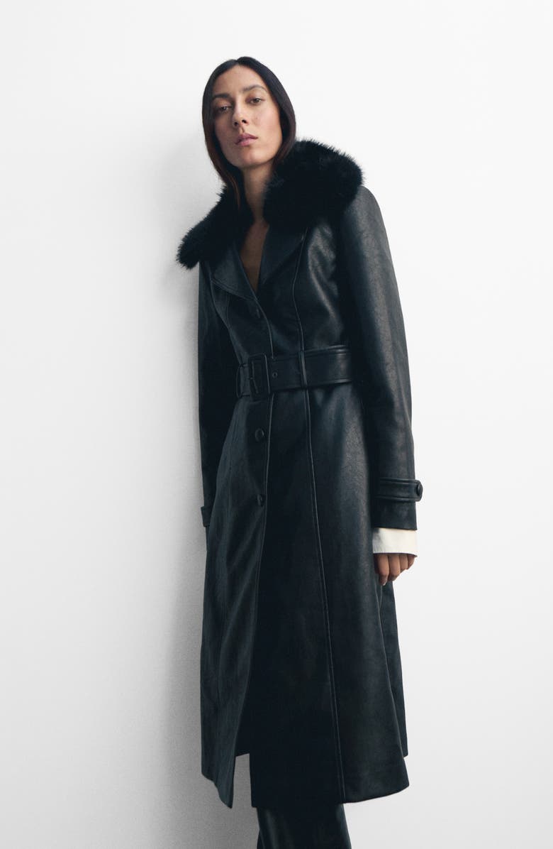 Fernanda Faux Leather Belted Coat With Removable Faux Fur Trim