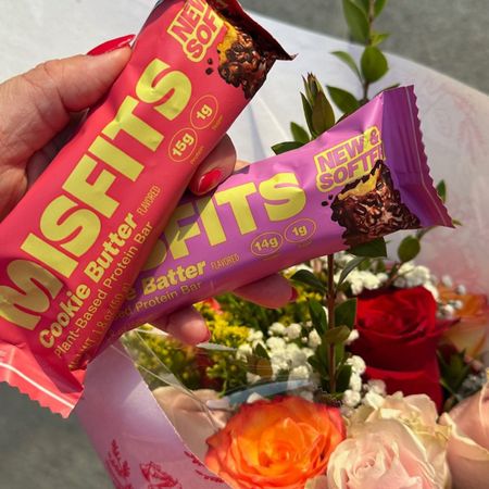 best protein bars: misfits bars and a bunch of flowers