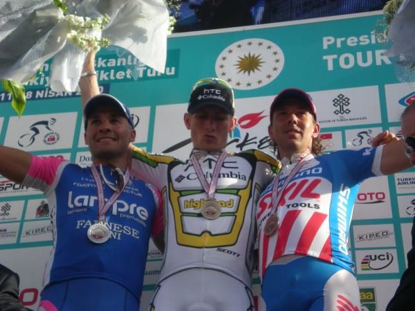 The stage eight podium: Angelo Furlan, Andrei Greipel and Kenny Van Hummel