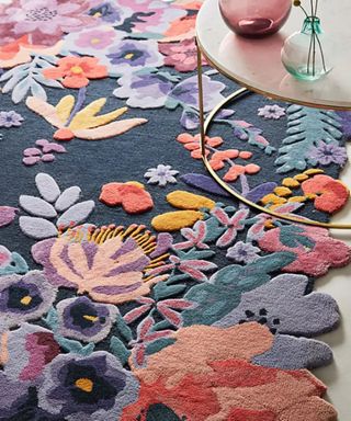 A colorful tufted rug in closeup