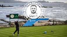 Shane Lowry hitting a tee shot at Pebble Beach during the Pebble Beach Pro-Am, with an inset image of the Bazza's Best Bets badge