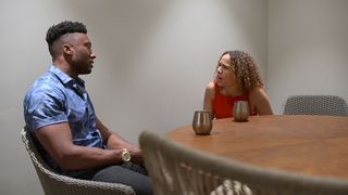 Uche Okoroha and Lydia Velez Gonzalez arguing in Love Is Blind season 5
