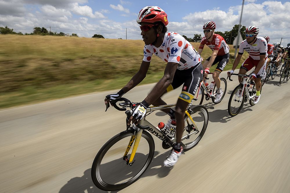 Eritrea's Daniel Teklehaimanot (MTN-Qhubeka) wearing the best climber's polka dot jersey