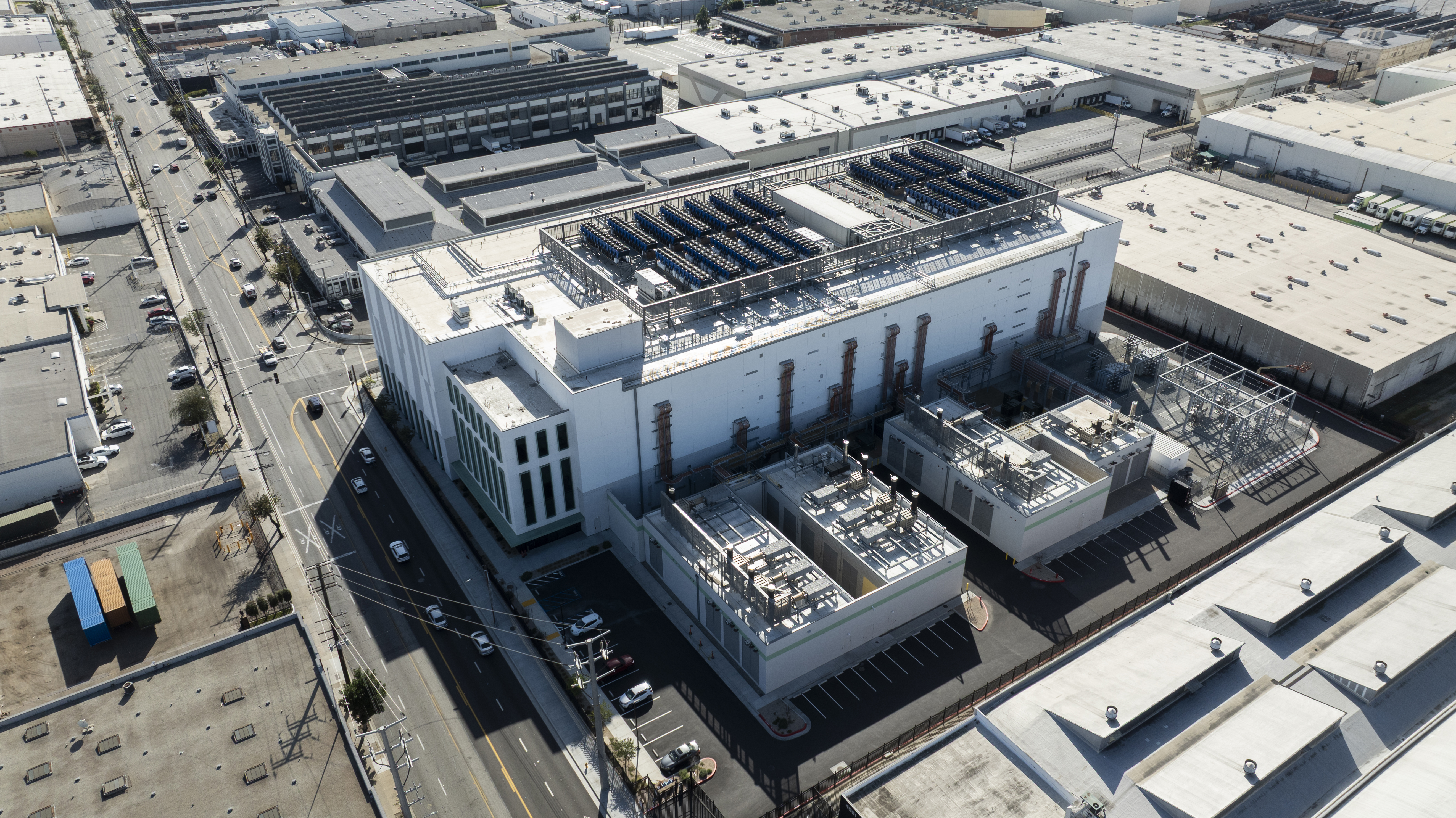 Afternoon sun shines on a data center facility in Vernon, California, USA.