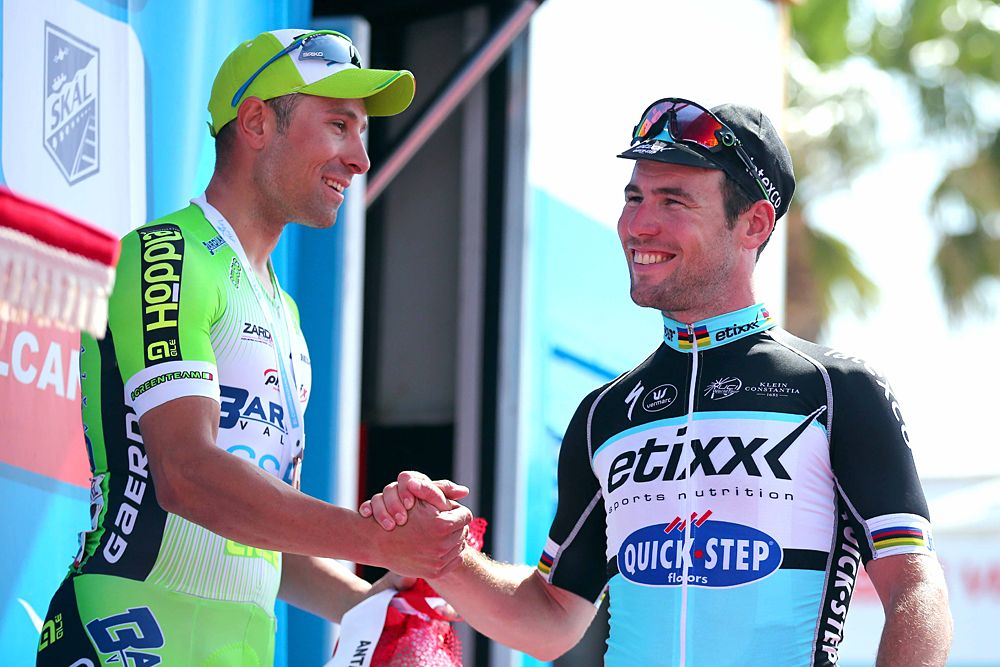 Mark Cavendish (Etixx-QuickStep) steps on the podium