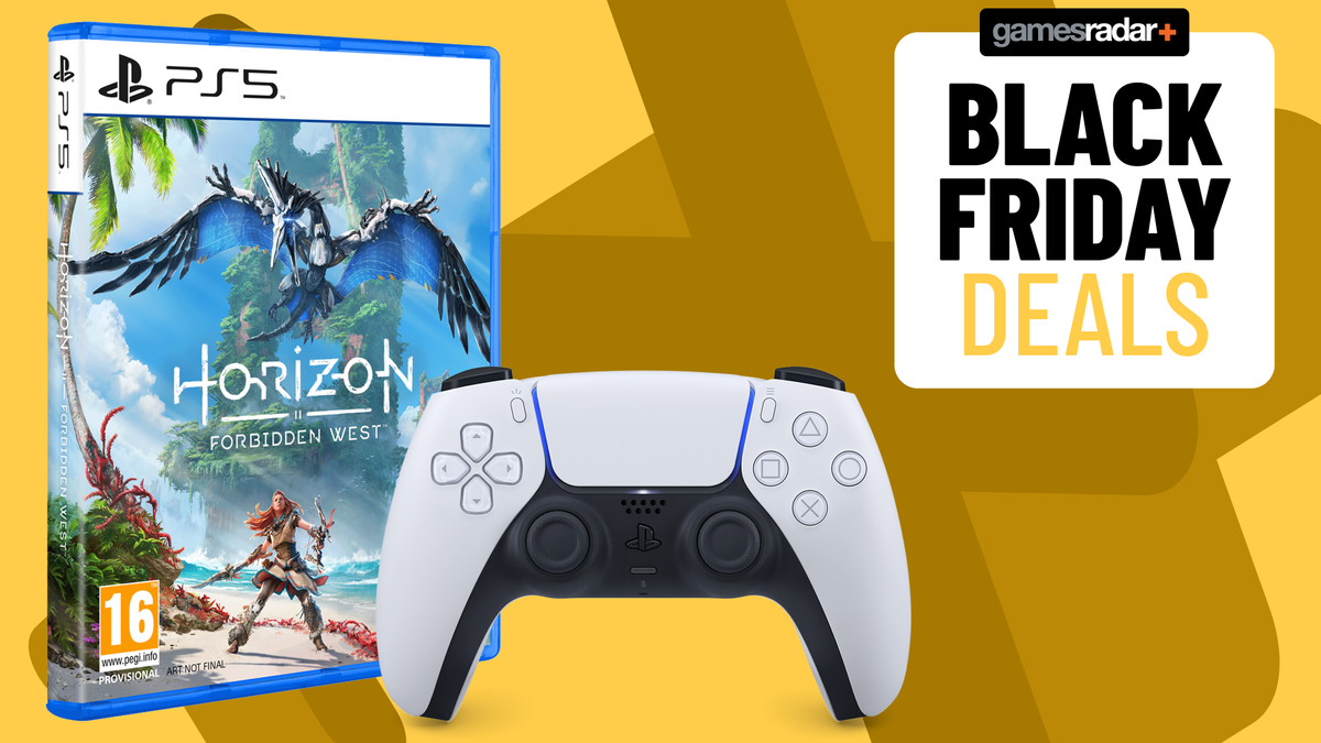 PS5 Dualsense white and Horizon Forbidden West with GamesRadar Black Friday banner