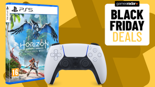 PS5 Dualsense white and Horizon Forbidden West with GamesRadar Black Friday banner