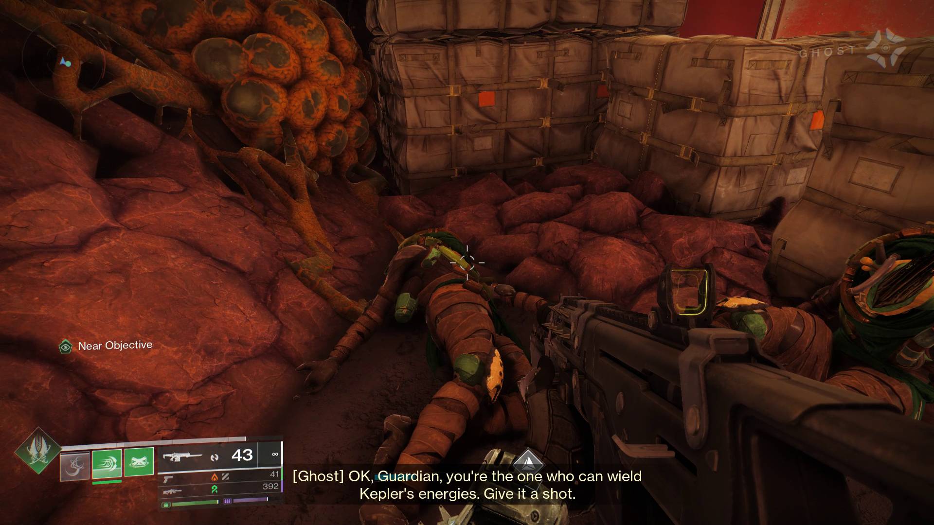 Destiny 2 Edge of Fate Vessel of the Nine quest fallen dreg fungal corpse next to boxes