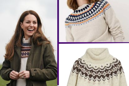 Kate Middleton and split layout with two Kate Middleton Christmas jumper dupes
