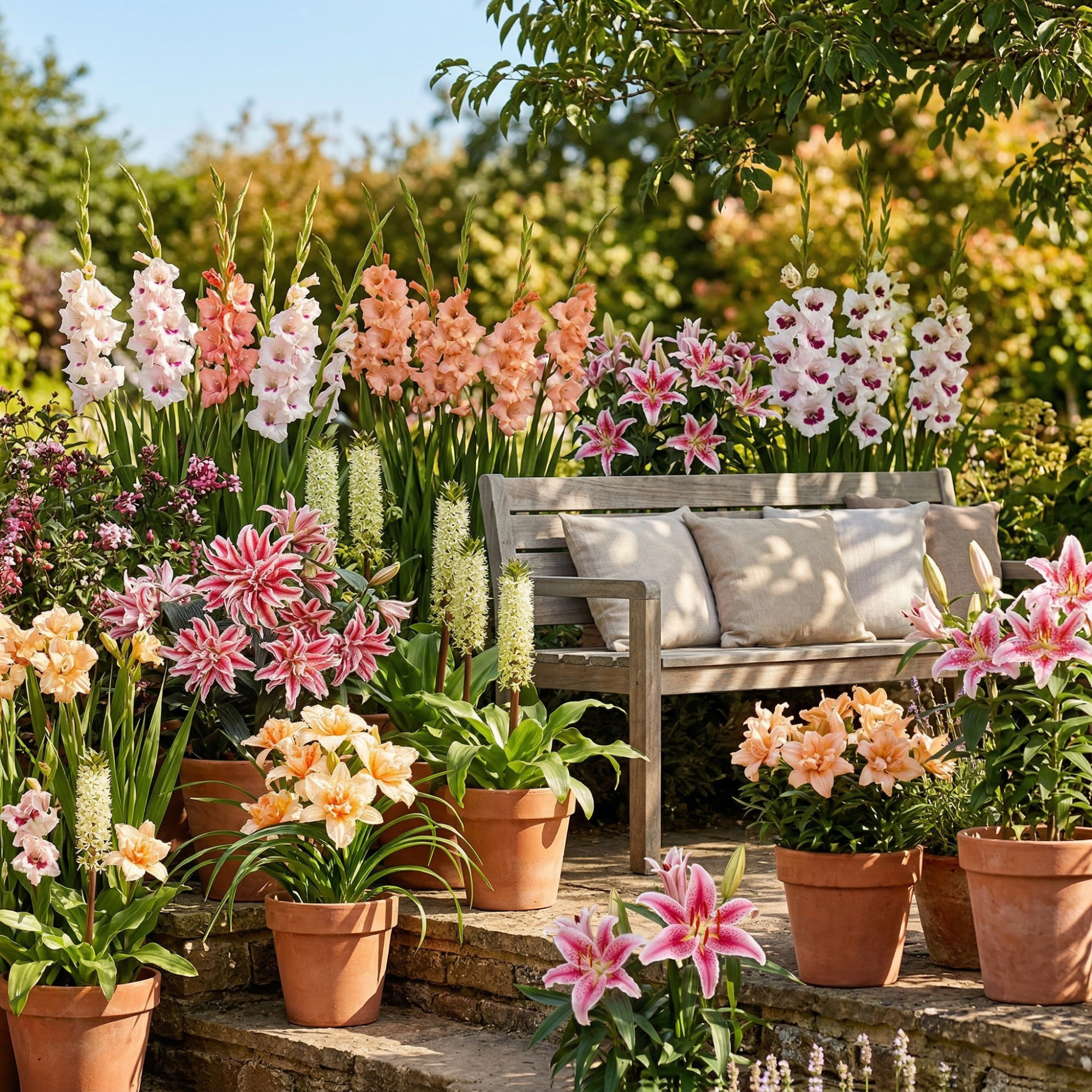colorful garden created with summer-flowering bulbs and tubers