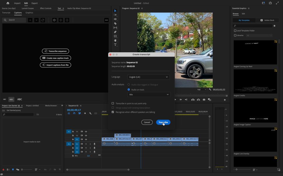 Cuplikan layar alat transkripsi di Adobe Premiere Pro