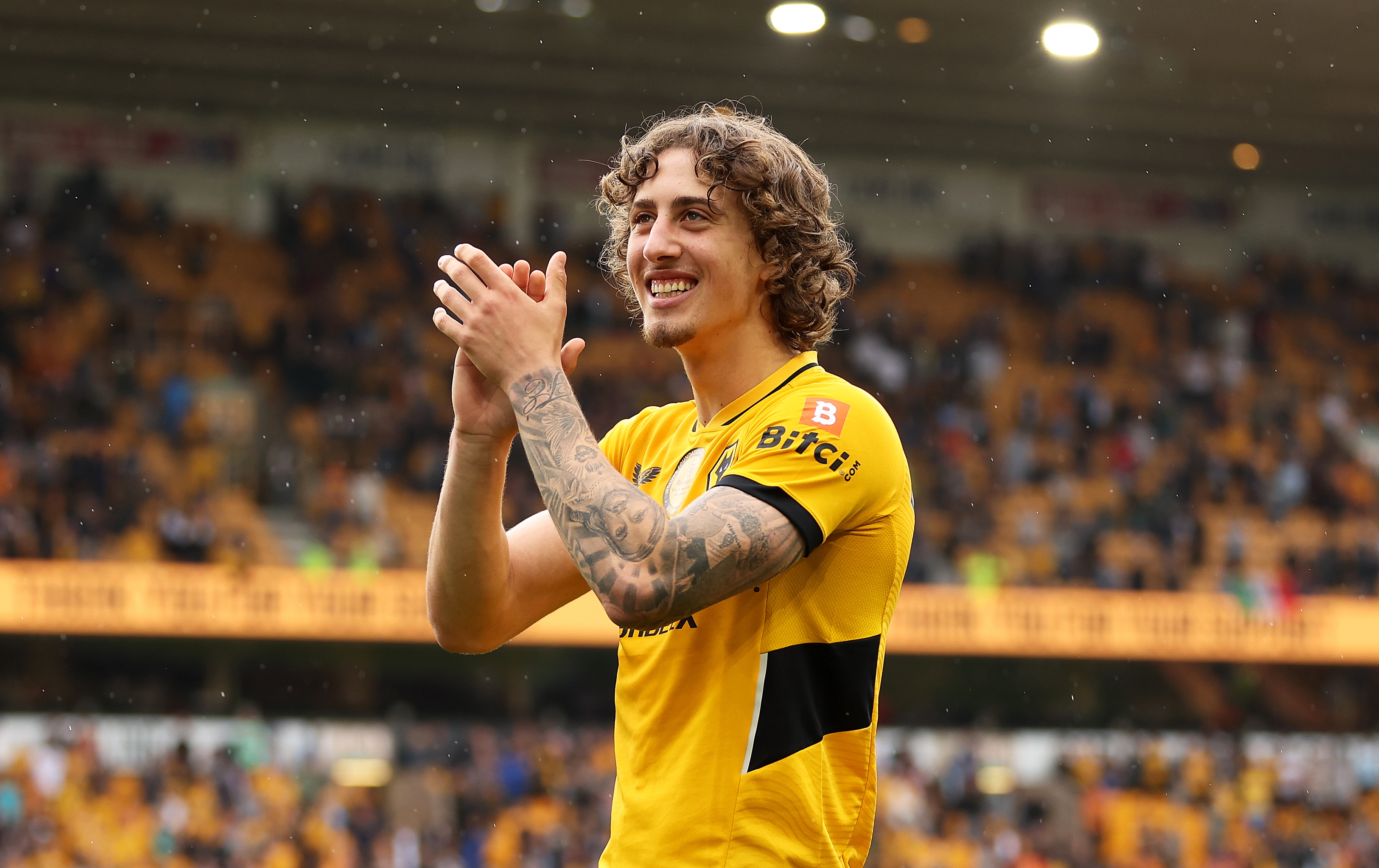 Wolves striker Fabio Silva applauds the fans during the end-of-season lap of honour