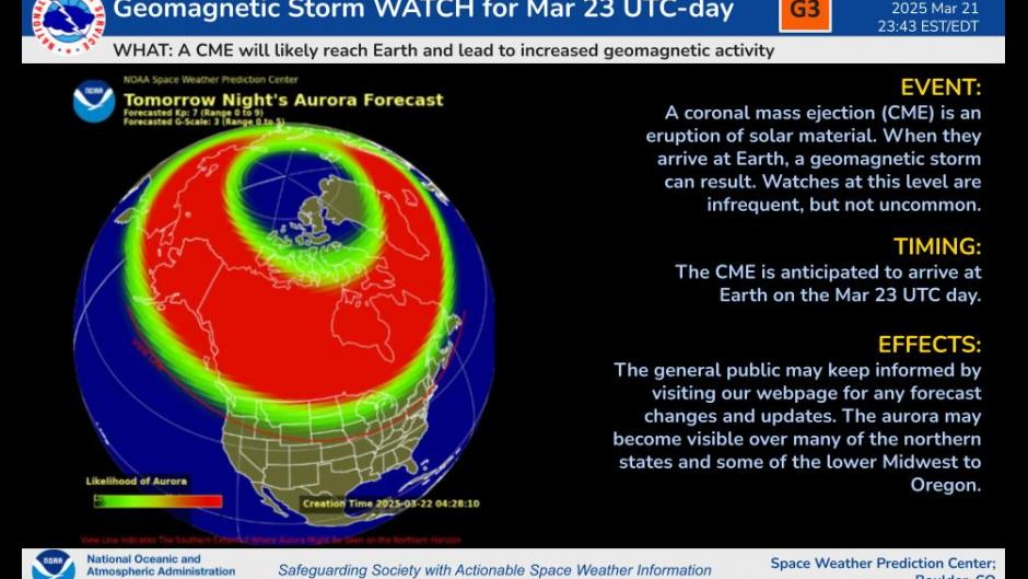 A chart showing the range of aurora visibility during a strong geomagnetic storm that includes Canada nd the northern us