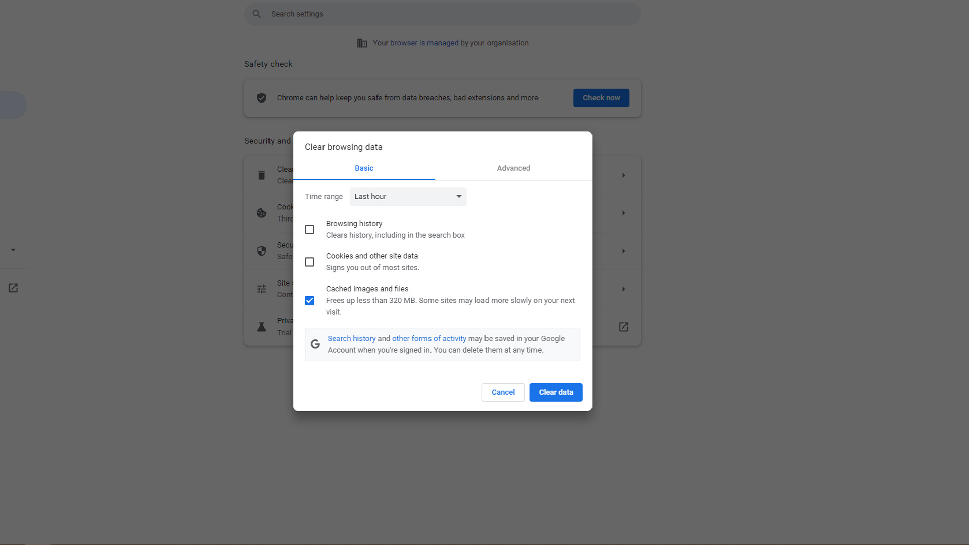 screenshot of Chrome history settings